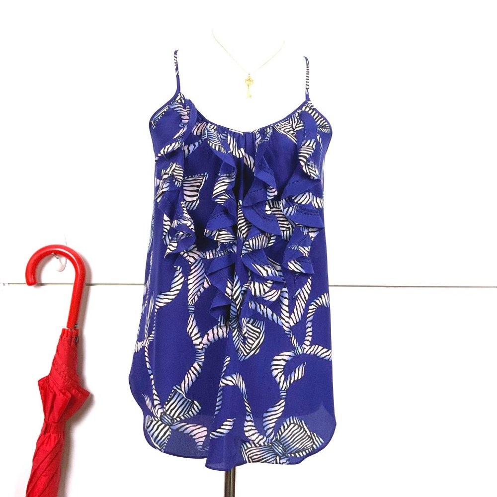 Rebecca Taylor Bow Print Ruffle Silk Tank Top  Sz 4